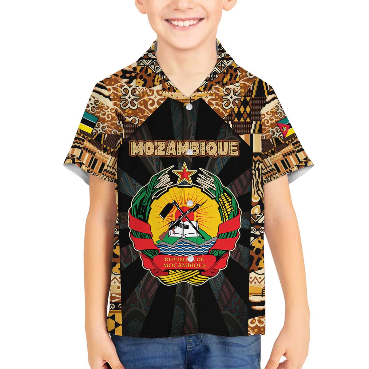 Mozambique Family Matching Off The Shoulder Long Sleeve Dress and Hawaiian Shirt with Black Brown Tribal Design and National Emblem - Wonder Print Shop