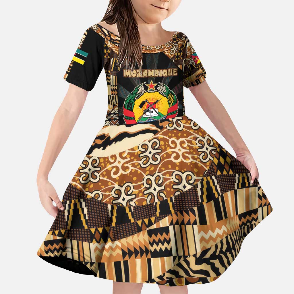 Mozambique Family Matching Off Shoulder Maxi Dress and Hawaiian Shirt with Black Brown Tribal Design and National Emblem - Wonder Print Shop