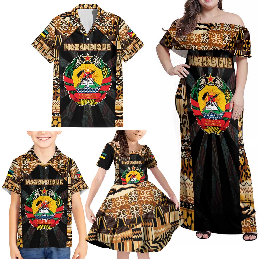 Mozambique Family Matching Off Shoulder Maxi Dress and Hawaiian Shirt with Black Brown Tribal Design and National Emblem - Wonder Print Shop