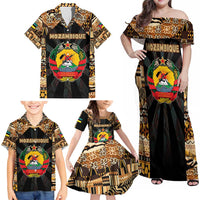 Mozambique Family Matching Off Shoulder Maxi Dress and Hawaiian Shirt with Black Brown Tribal Design and National Emblem - Wonder Print Shop