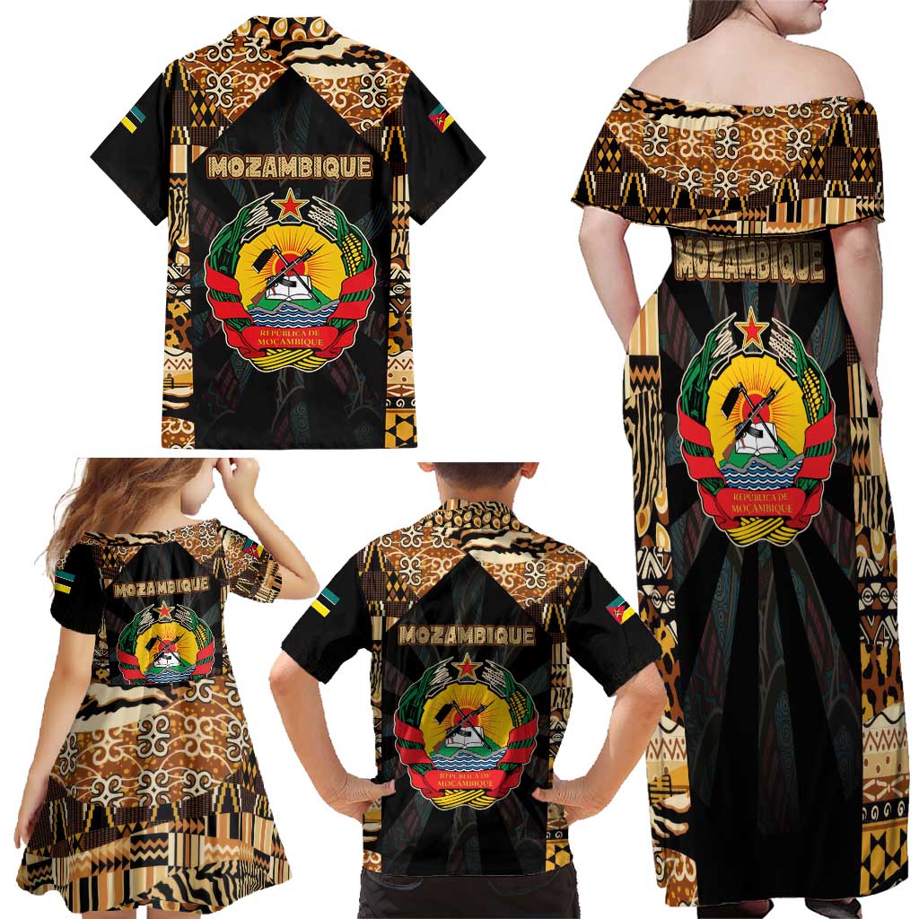 Mozambique Family Matching Off Shoulder Maxi Dress and Hawaiian Shirt with Black Brown Tribal Design and National Emblem - Wonder Print Shop