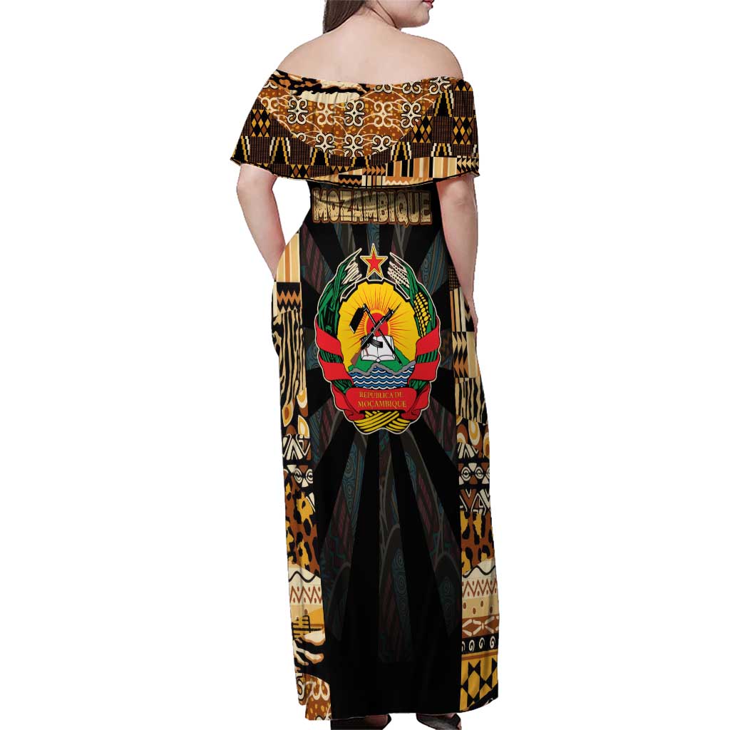 Mozambique Family Matching Off Shoulder Maxi Dress and Hawaiian Shirt with Black Brown Tribal Design and National Emblem - Wonder Print Shop