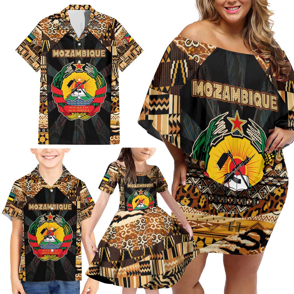 Mozambique Family Matching Off Shoulder Short Dress and Hawaiian Shirt with Black Brown Tribal Design and National Emblem - Wonder Print Shop