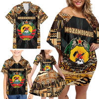 Mozambique Family Matching Off Shoulder Short Dress and Hawaiian Shirt with Black Brown Tribal Design and National Emblem - Wonder Print Shop
