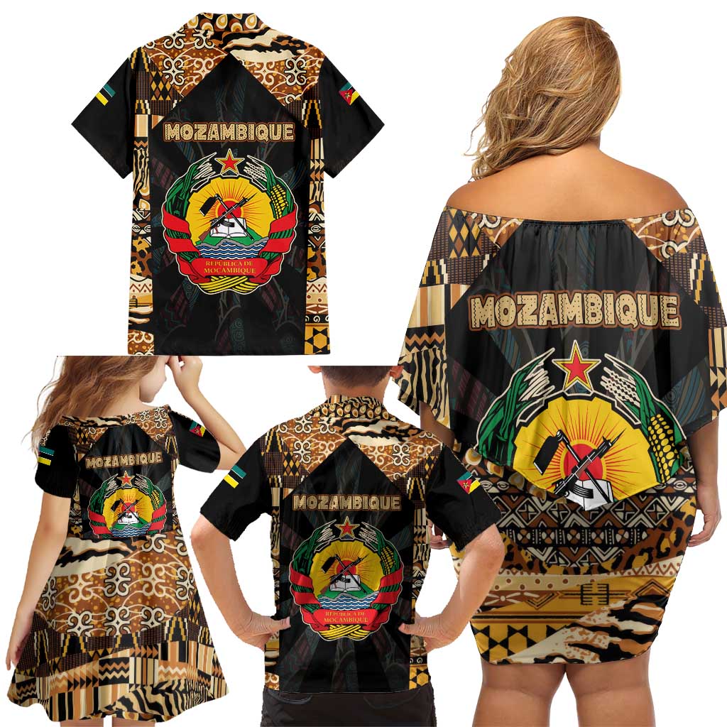 Mozambique Family Matching Off Shoulder Short Dress and Hawaiian Shirt with Black Brown Tribal Design and National Emblem - Wonder Print Shop