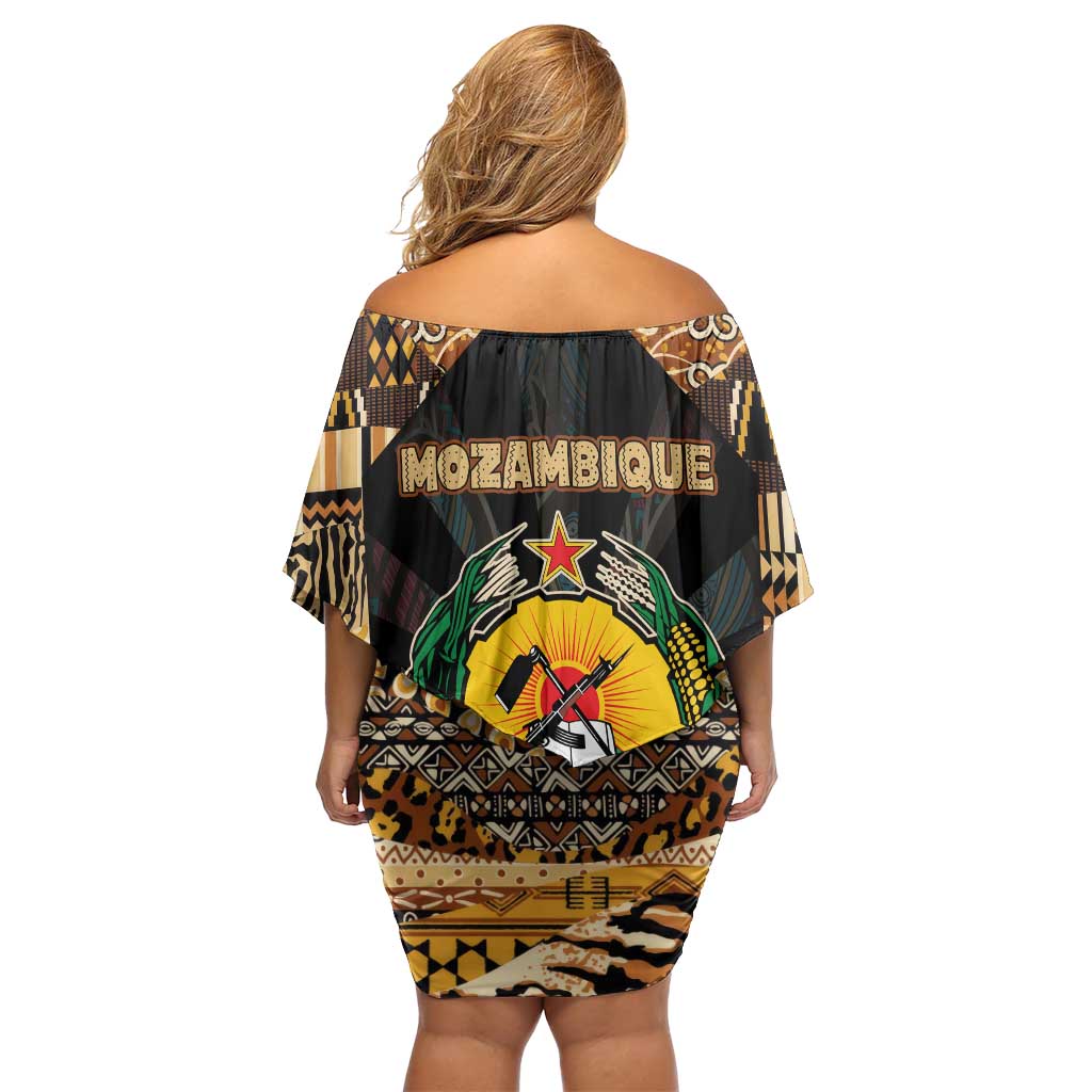 Mozambique Family Matching Off Shoulder Short Dress and Hawaiian Shirt with Black Brown Tribal Design and National Emblem - Wonder Print Shop