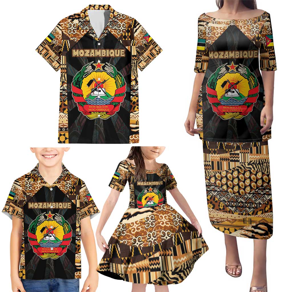 Mozambique Family Matching Puletasi and Hawaiian Shirt with Black Brown Tribal Design and National Emblem - Wonder Print Shop
