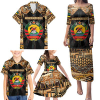 Mozambique Family Matching Puletasi and Hawaiian Shirt with Black Brown Tribal Design and National Emblem - Wonder Print Shop