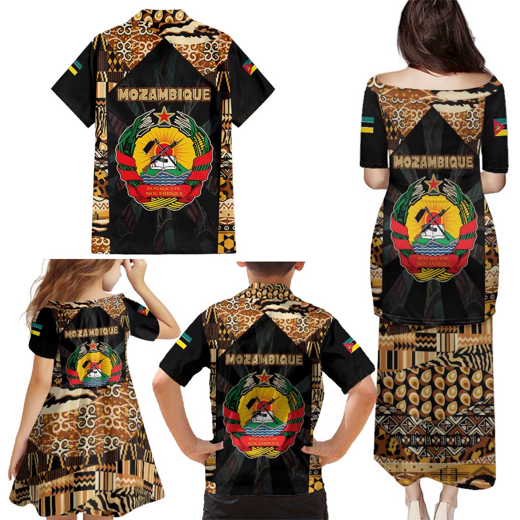 Mozambique Family Matching Puletasi and Hawaiian Shirt with Black Brown Tribal Design and National Emblem - Wonder Print Shop