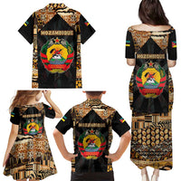 Mozambique Family Matching Puletasi and Hawaiian Shirt with Black Brown Tribal Design and National Emblem - Wonder Print Shop
