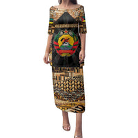 Mozambique Family Matching Puletasi and Hawaiian Shirt with Black Brown Tribal Design and National Emblem - Wonder Print Shop