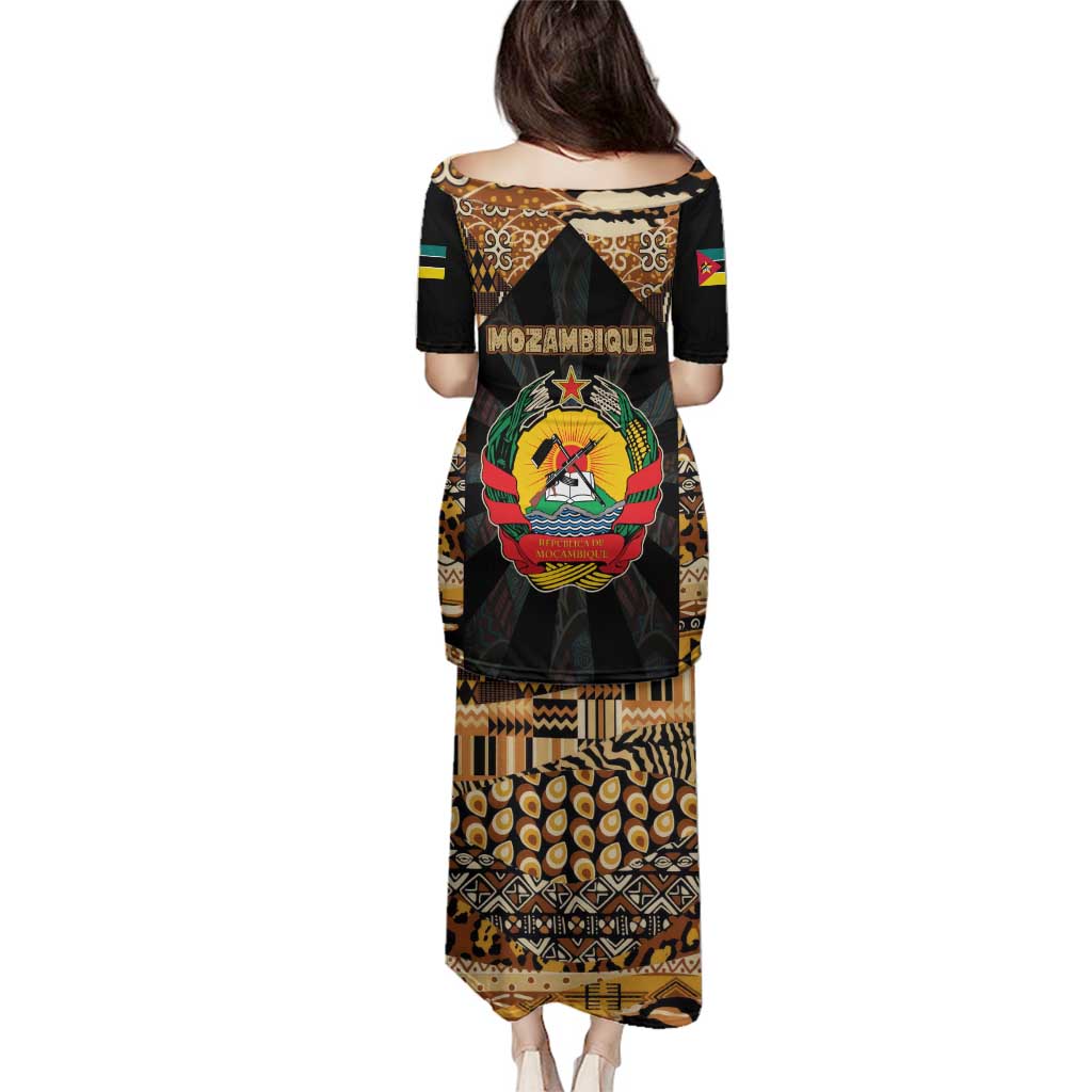 Mozambique Family Matching Puletasi and Hawaiian Shirt with Black Brown Tribal Design and National Emblem - Wonder Print Shop