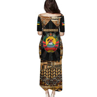 Mozambique Family Matching Puletasi and Hawaiian Shirt with Black Brown Tribal Design and National Emblem - Wonder Print Shop
