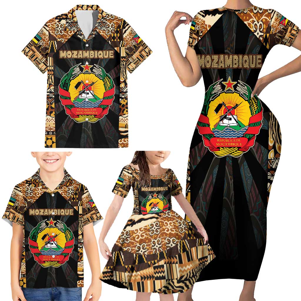 Mozambique Family Matching Short Sleeve Bodycon Dress and Hawaiian Shirt with Black Brown Tribal Design and National Emblem - Wonder Print Shop