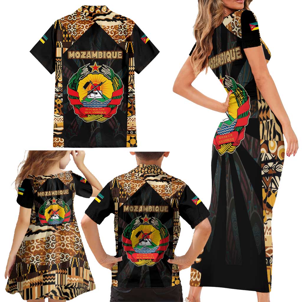 Mozambique Family Matching Short Sleeve Bodycon Dress and Hawaiian Shirt with Black Brown Tribal Design and National Emblem - Wonder Print Shop