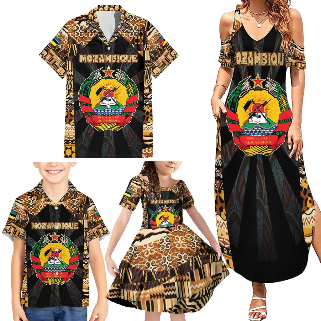 Mozambique Family Matching Summer Maxi Dress and Hawaiian Shirt with Black Brown Tribal Design and National Emblem - Wonder Print Shop