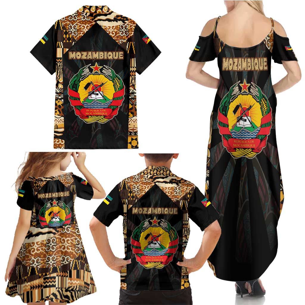Mozambique Family Matching Summer Maxi Dress and Hawaiian Shirt with Black Brown Tribal Design and National Emblem - Wonder Print Shop
