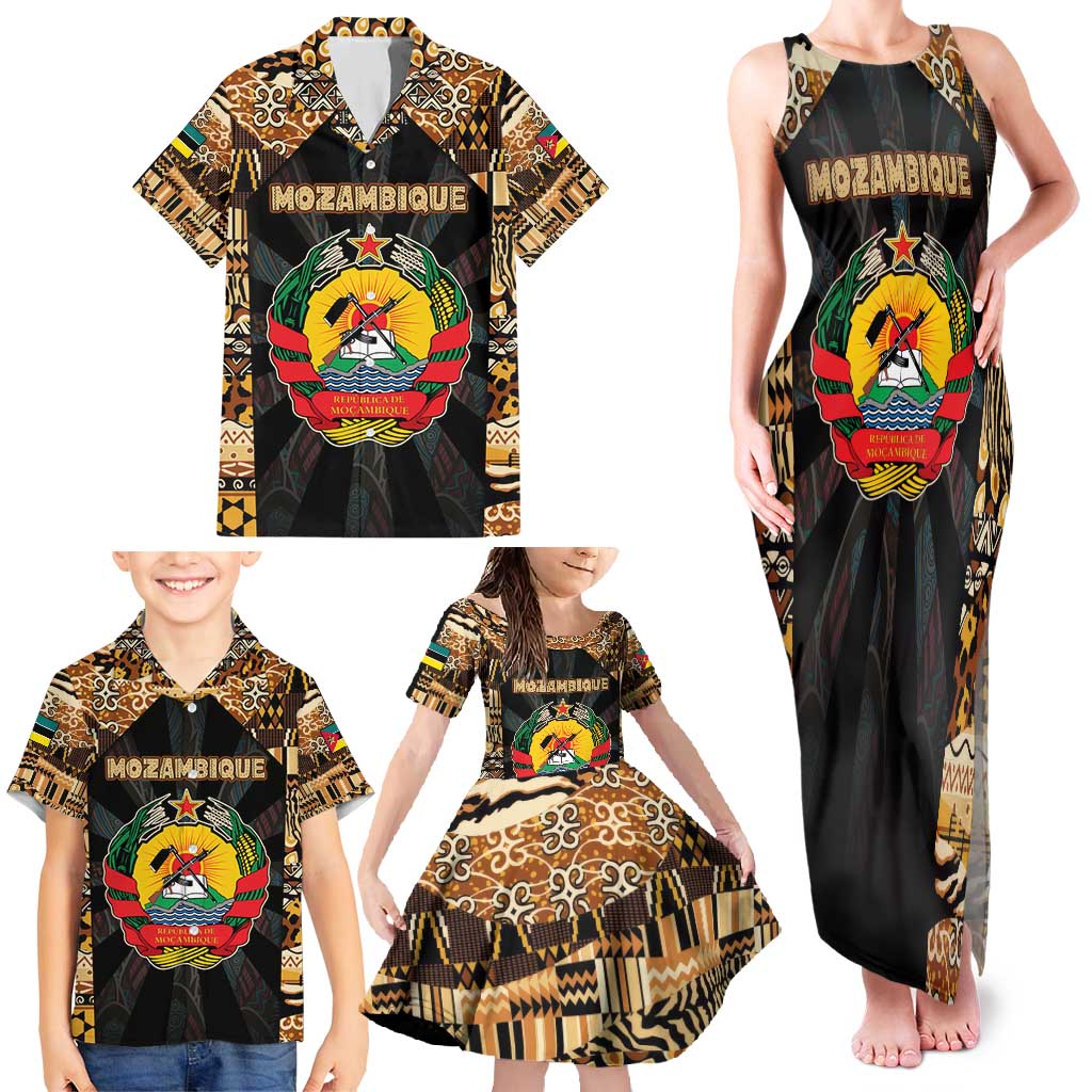 Mozambique Family Matching Tank Maxi Dress and Hawaiian Shirt with Black Brown Tribal Design and National Emblem - Wonder Print Shop