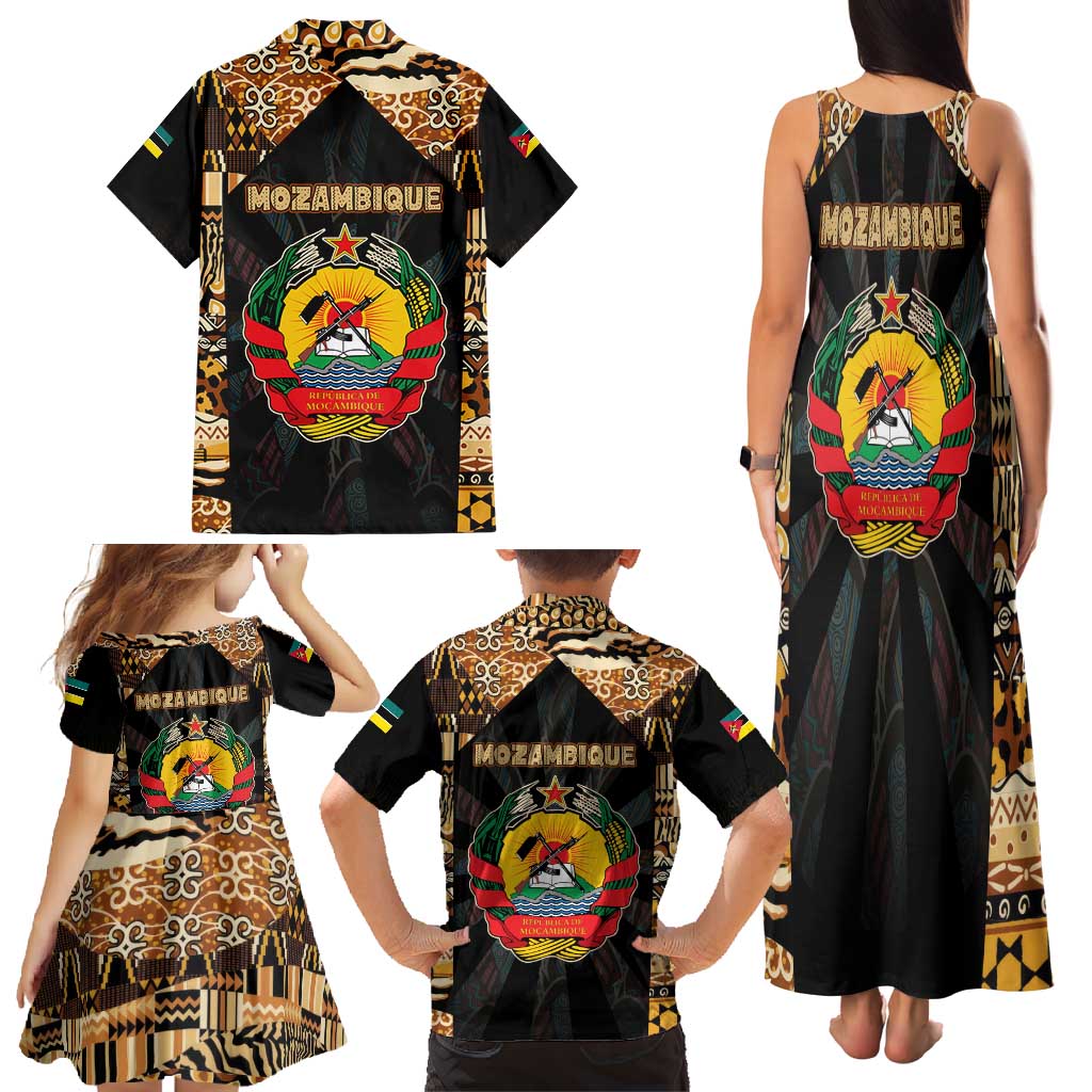 Mozambique Family Matching Tank Maxi Dress and Hawaiian Shirt with Black Brown Tribal Design and National Emblem - Wonder Print Shop