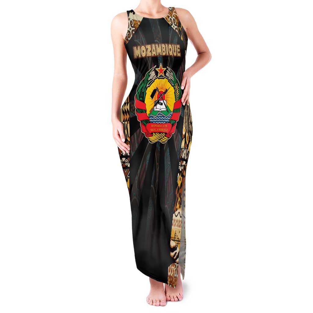 Mozambique Family Matching Tank Maxi Dress and Hawaiian Shirt with Black Brown Tribal Design and National Emblem - Wonder Print Shop