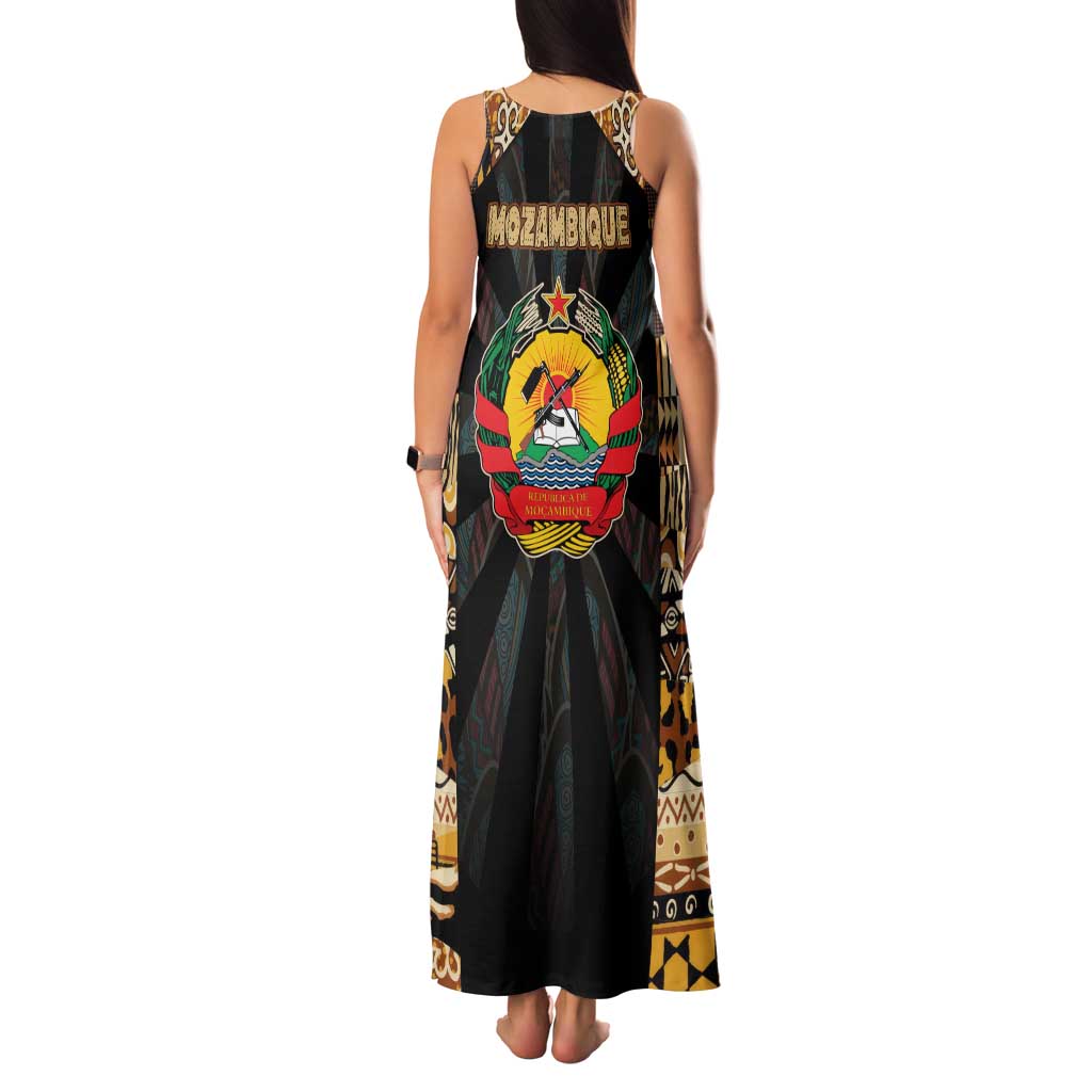 Mozambique Family Matching Tank Maxi Dress and Hawaiian Shirt with Black Brown Tribal Design and National Emblem - Wonder Print Shop