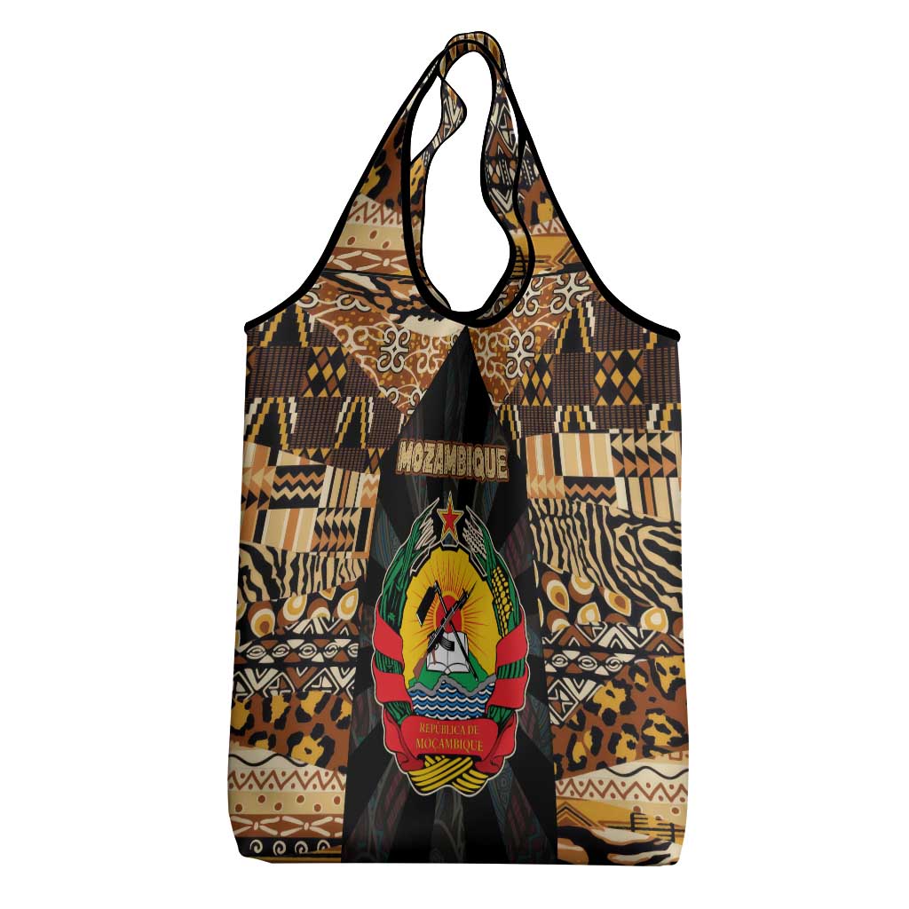 Mozambique Grocery Bag with Black Brown Tribal Design and National Emblem - Wonder Print Shop
