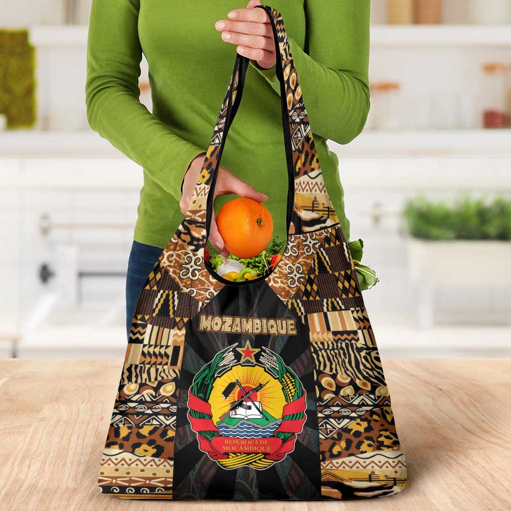 Mozambique Grocery Bag with Black Brown Tribal Design and National Emblem - Wonder Print Shop