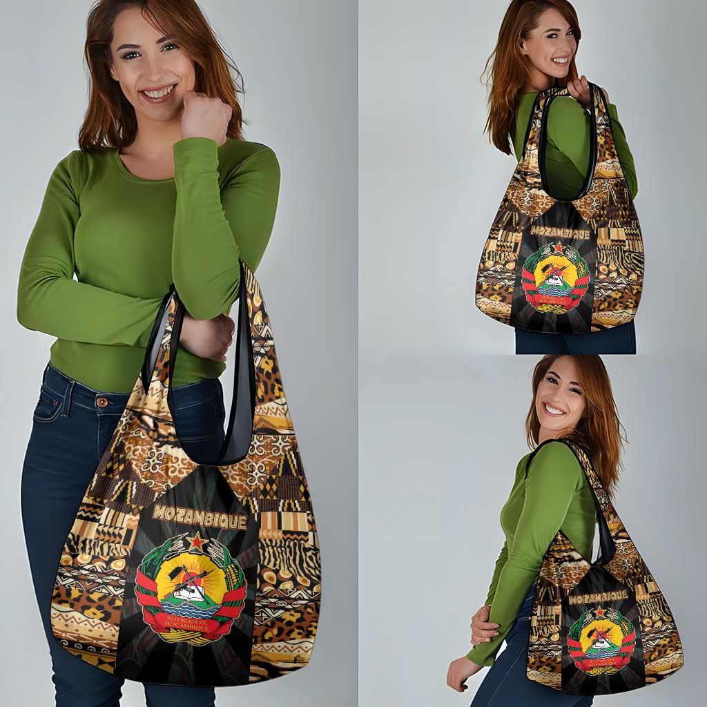 Mozambique Grocery Bag with Black Brown Tribal Design and National Emblem - Wonder Print Shop