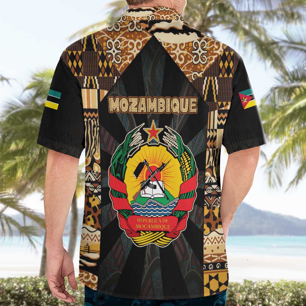 Mozambique Hawaiian Shirt with Black Brown Tribal Design and National Emblem - Wonder Print Shop