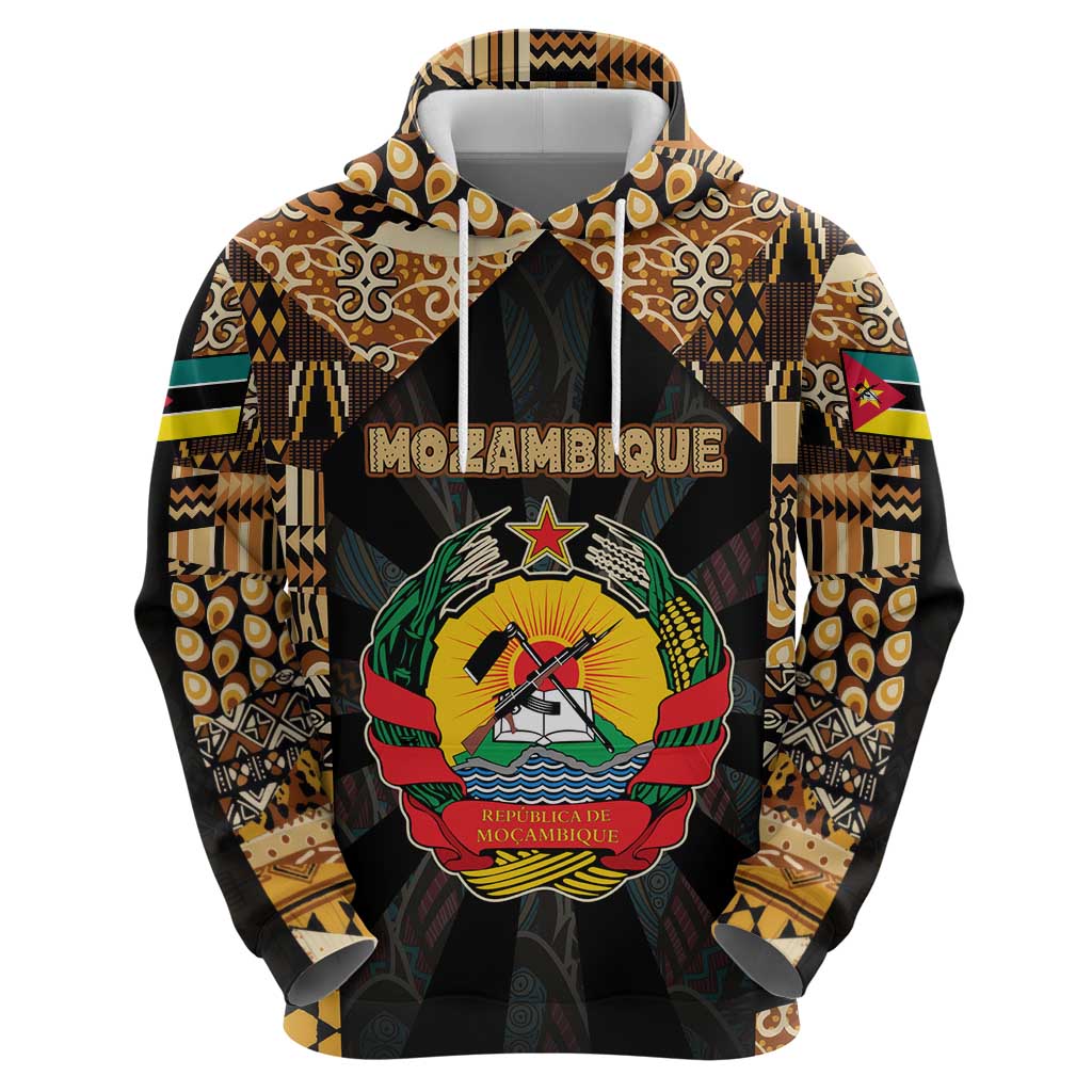 Mozambique Hoodie with Black Brown Tribal Design and National Emblem - Wonder Print Shop