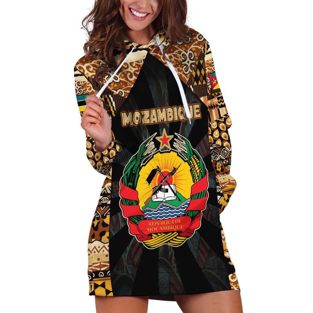 Mozambique Hoodie Dress with Black Brown Tribal Design and National Emblem - Wonder Print Shop