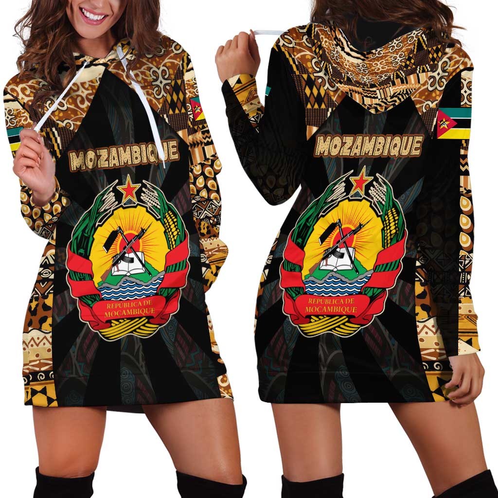 Mozambique Hoodie Dress with Black Brown Tribal Design and National Emblem - Wonder Print Shop