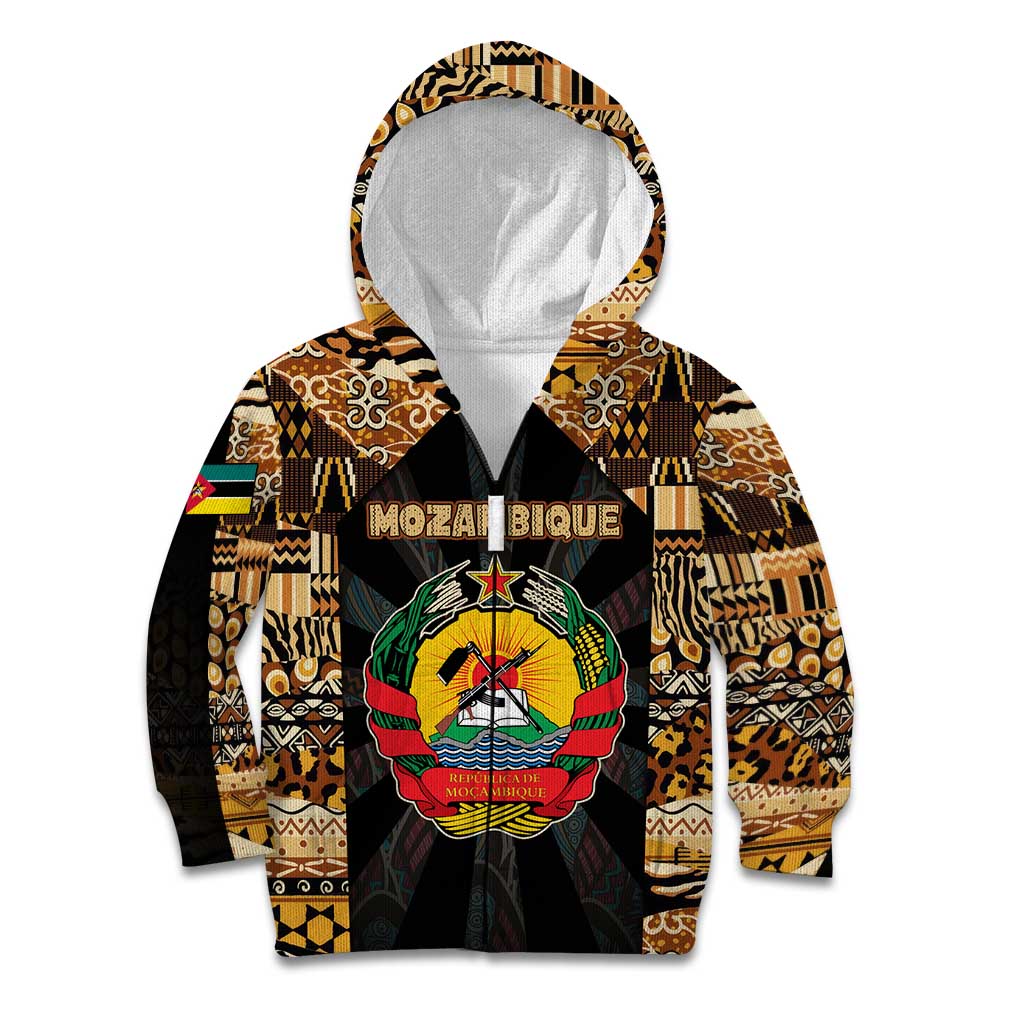 Mozambique Kid Hoodie with Black Brown Tribal Design and National Emblem - Wonder Print Shop