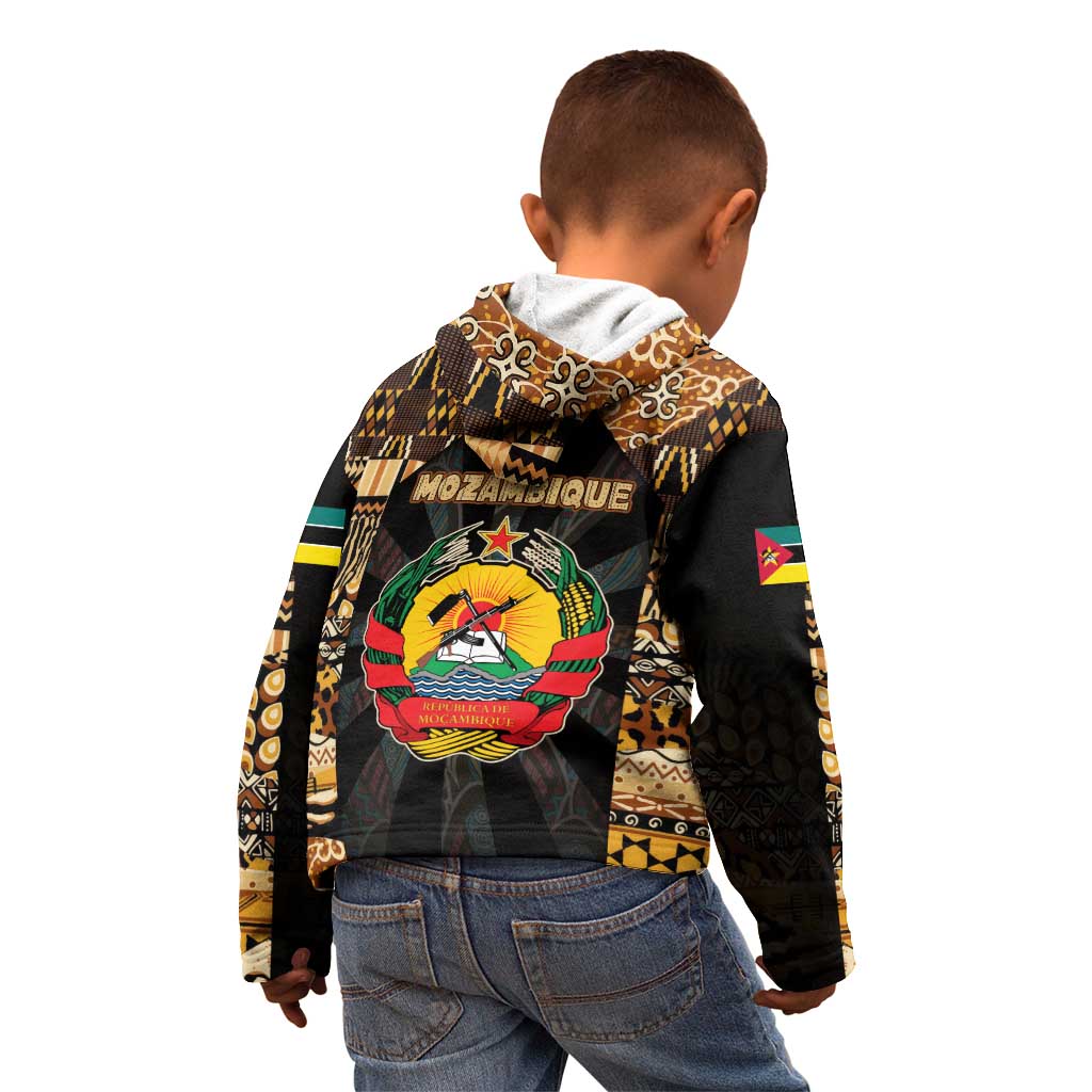 Mozambique Kid Hoodie with Black Brown Tribal Design and National Emblem - Wonder Print Shop