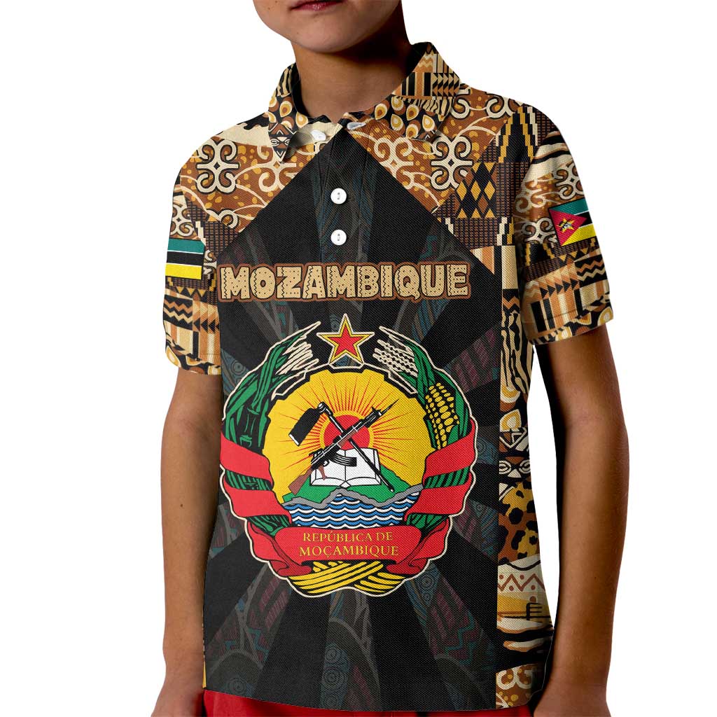 Mozambique Kid Polo Shirt with Black Brown Tribal Design and National Emblem - Wonder Print Shop