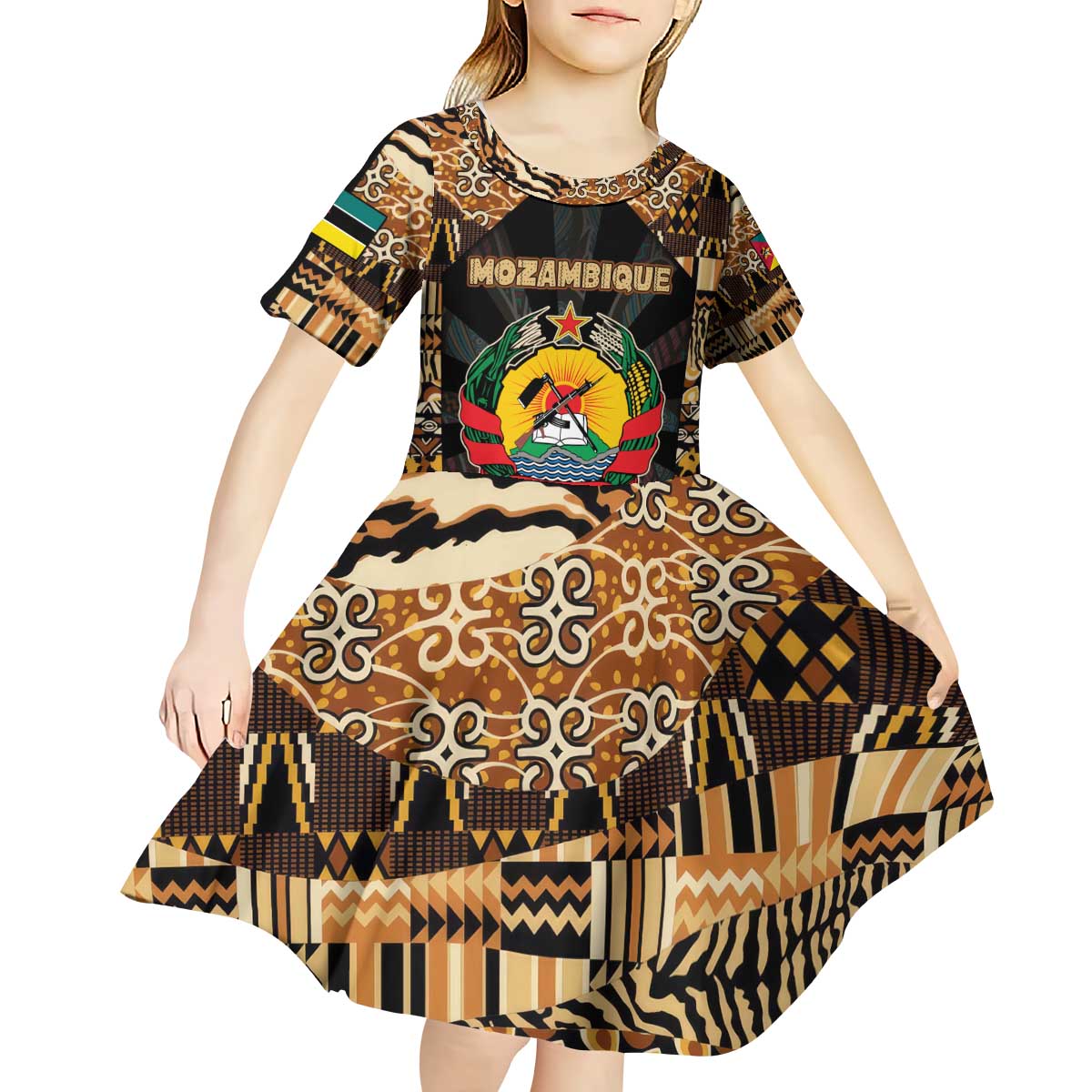 Mozambique Kid Short Sleeve Dress with Black Brown Tribal Design and National Emblem - Wonder Print Shop