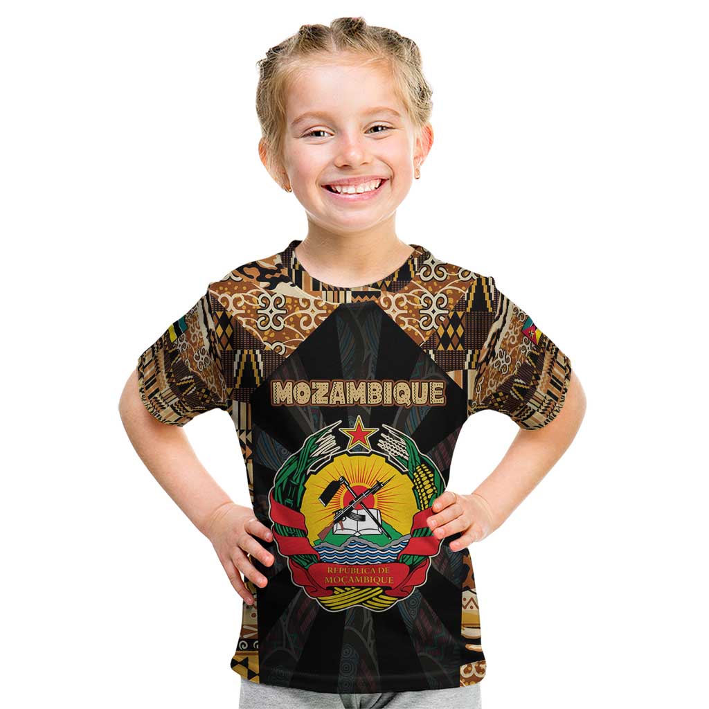 Mozambique Kid T Shirt with Black Brown Tribal Design and National Emblem - Wonder Print Shop