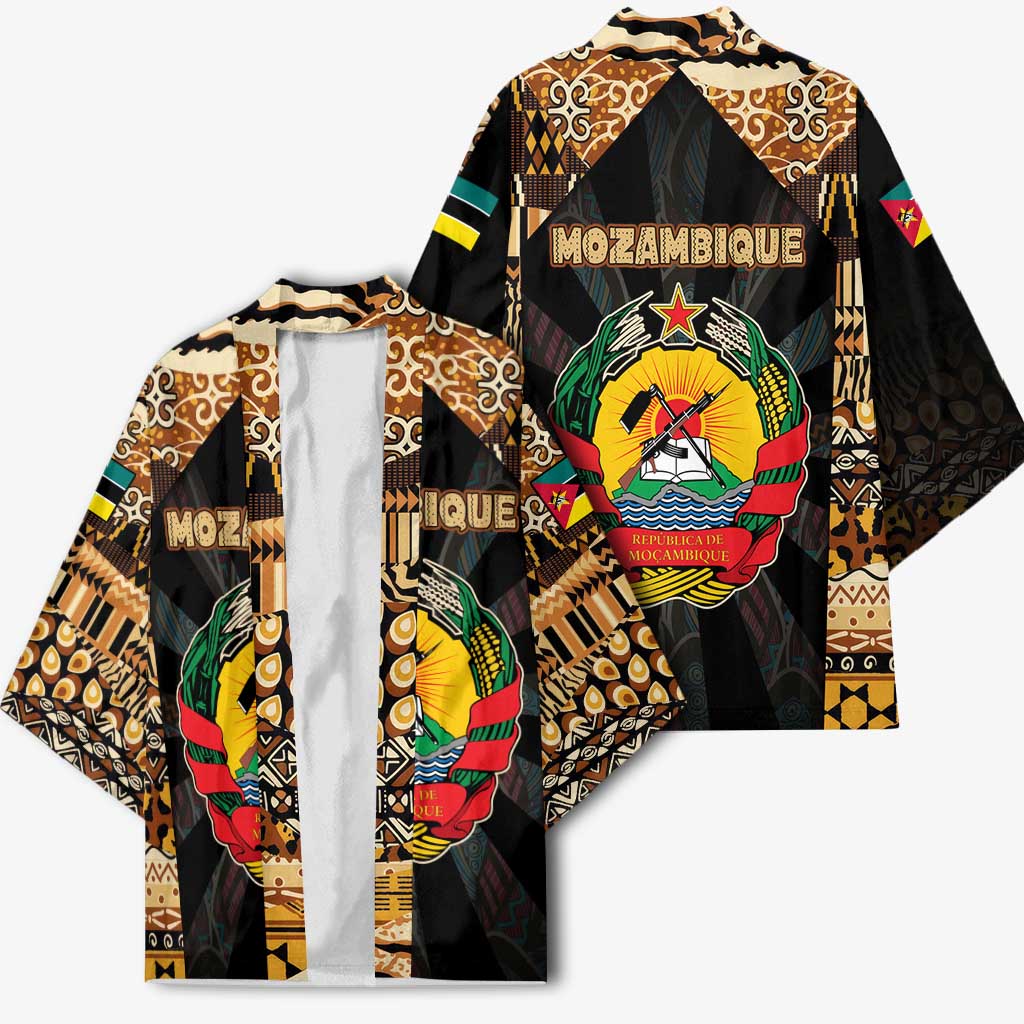 Mozambique Kimono with Black Brown Tribal Design and National Emblem - Wonder Print Shop