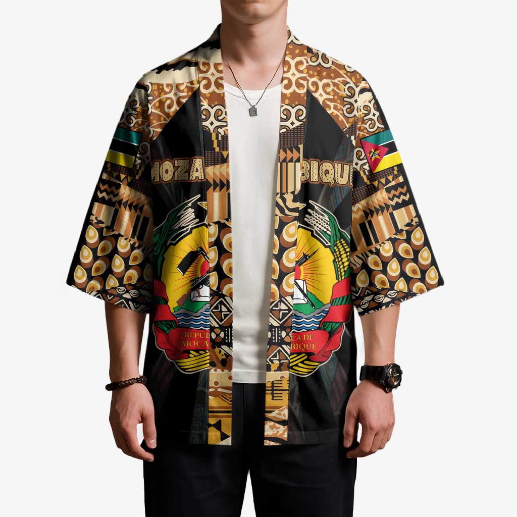 Mozambique Kimono with Black Brown Tribal Design and National Emblem - Wonder Print Shop