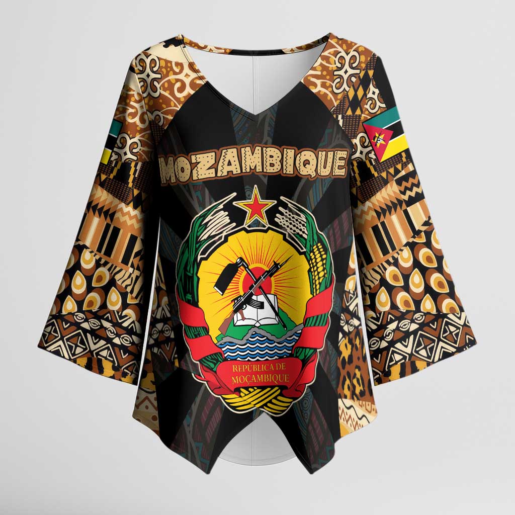 Mozambique Kimono Sleeve Blouse with Black Brown Tribal Design and National Emblem - Wonder Print Shop