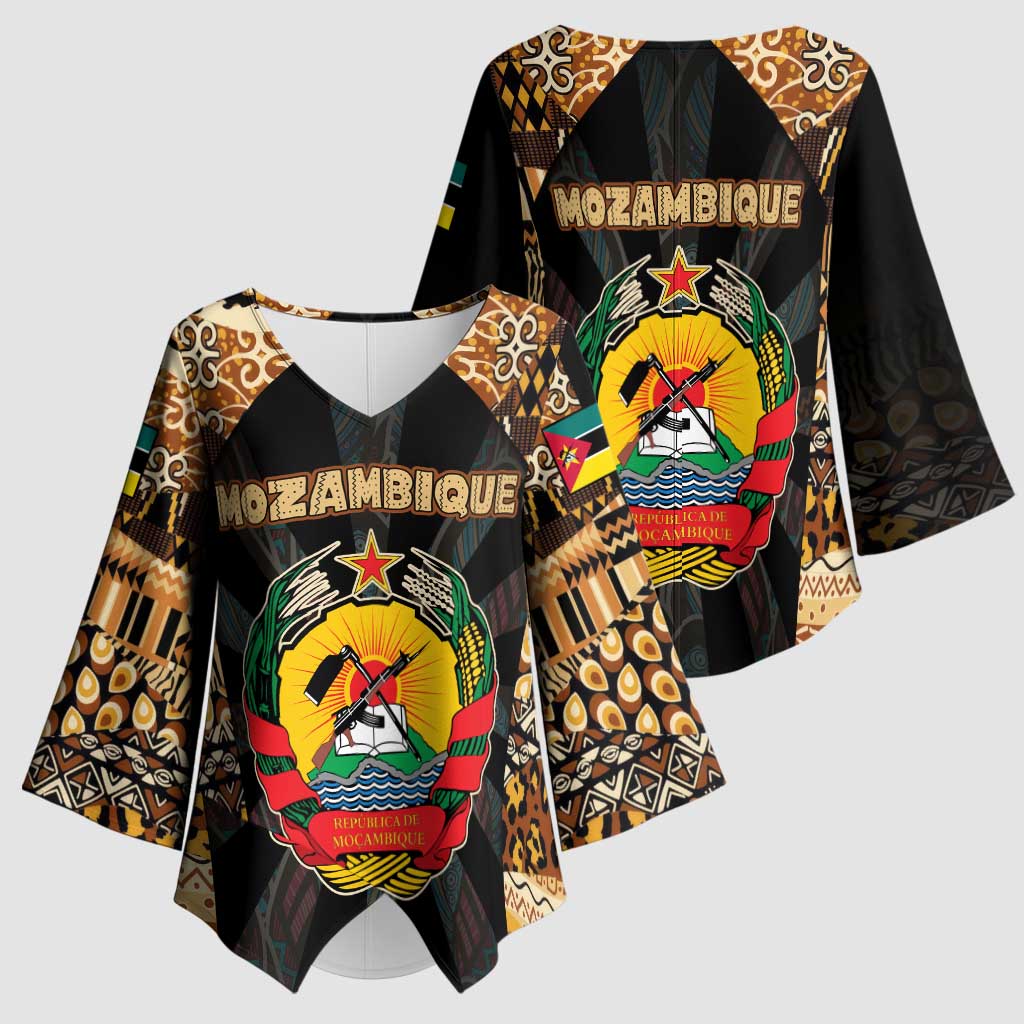 Mozambique Kimono Sleeve Blouse with Black Brown Tribal Design and National Emblem - Wonder Print Shop
