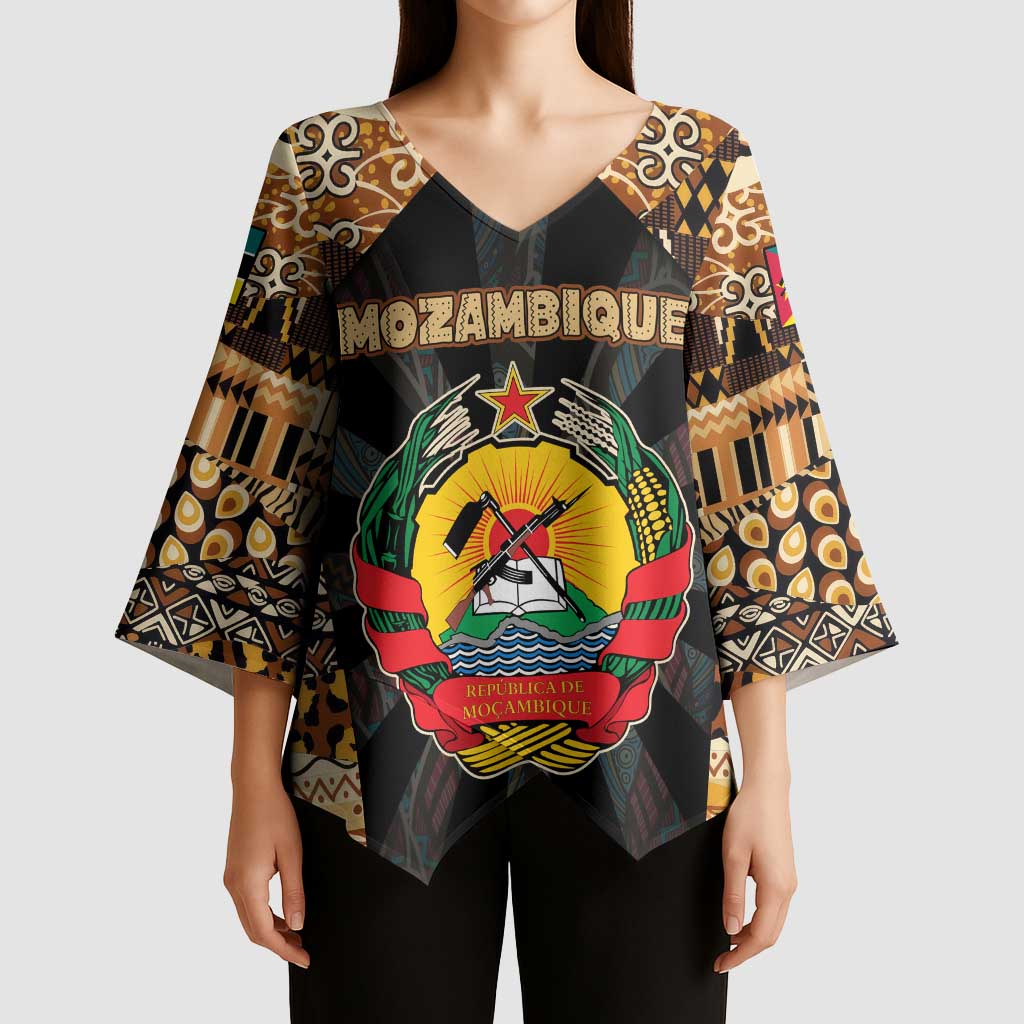 Mozambique Kimono Sleeve Blouse with Black Brown Tribal Design and National Emblem - Wonder Print Shop