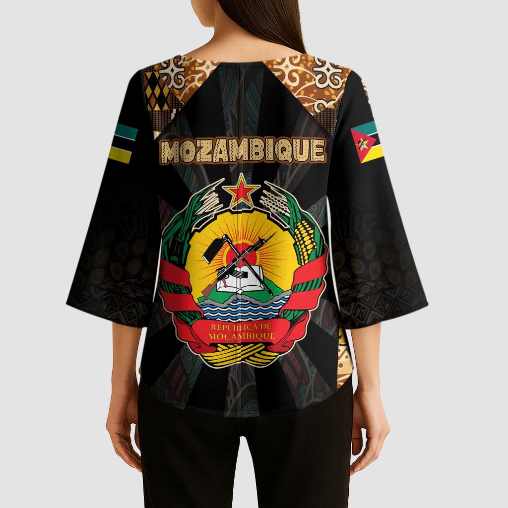 Mozambique Kimono Sleeve Blouse with Black Brown Tribal Design and National Emblem - Wonder Print Shop