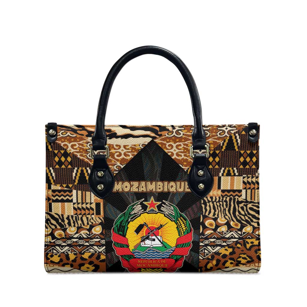 Mozambique Leather Bag with Black Brown Tribal Design and National Emblem - Wonder Print Shop