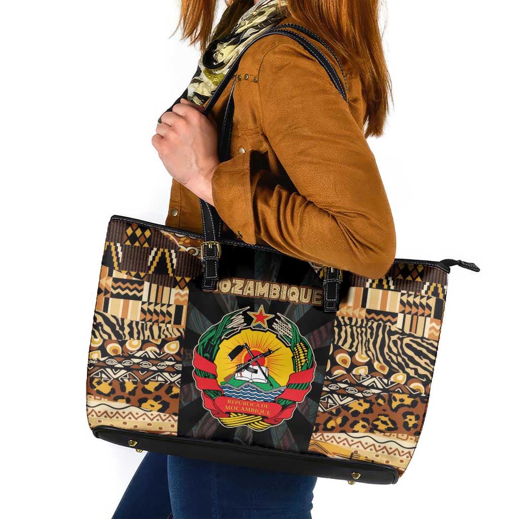 Mozambique Leather Tote Bag with Black Brown Tribal Design and National Emblem - Wonder Print Shop