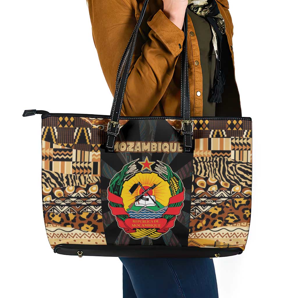 Mozambique Leather Tote Bag with Black Brown Tribal Design and National Emblem - Wonder Print Shop