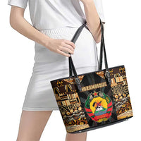 Mozambique Leather Tote Bag with Black Brown Tribal Design and National Emblem - Wonder Print Shop