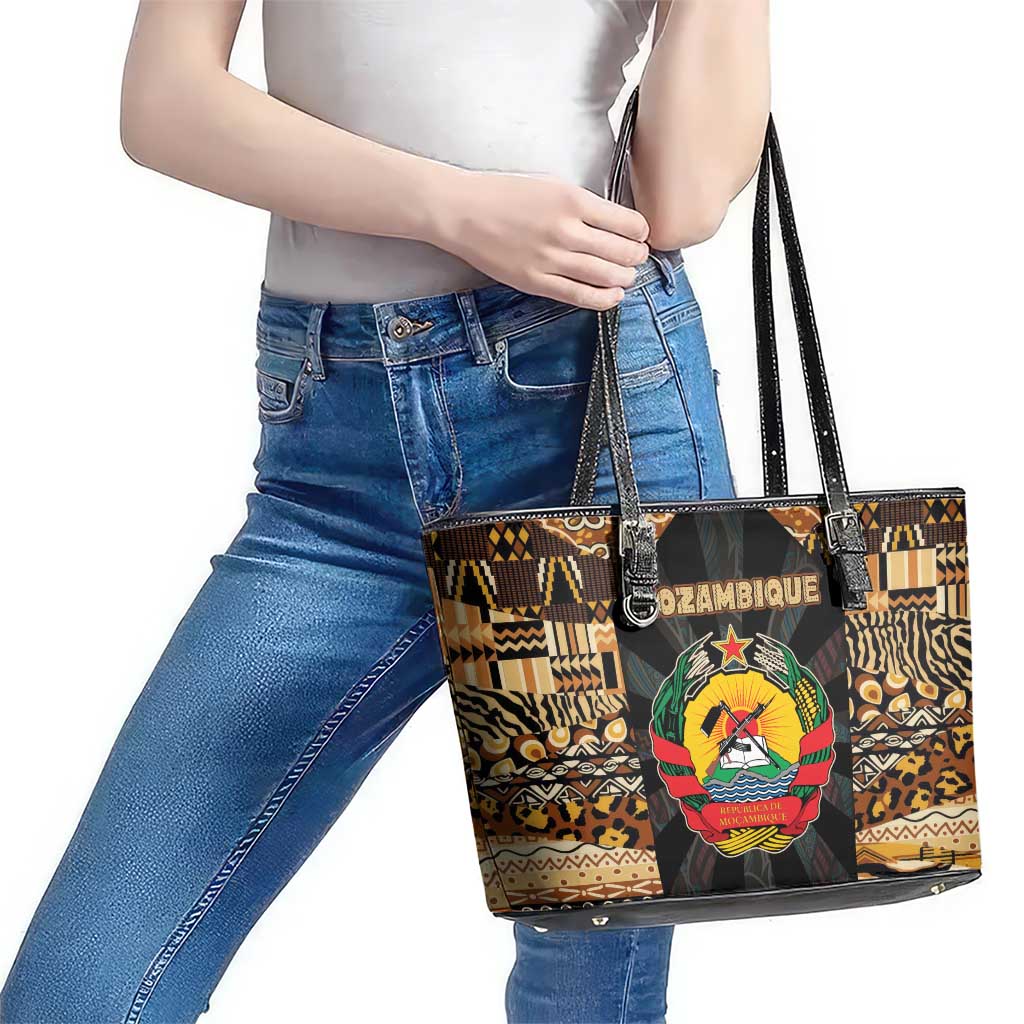 Mozambique Leather Tote Bag with Black Brown Tribal Design and National Emblem - Wonder Print Shop