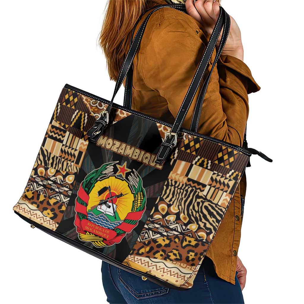 Mozambique Leather Tote Bag with Black Brown Tribal Design and National Emblem - Wonder Print Shop