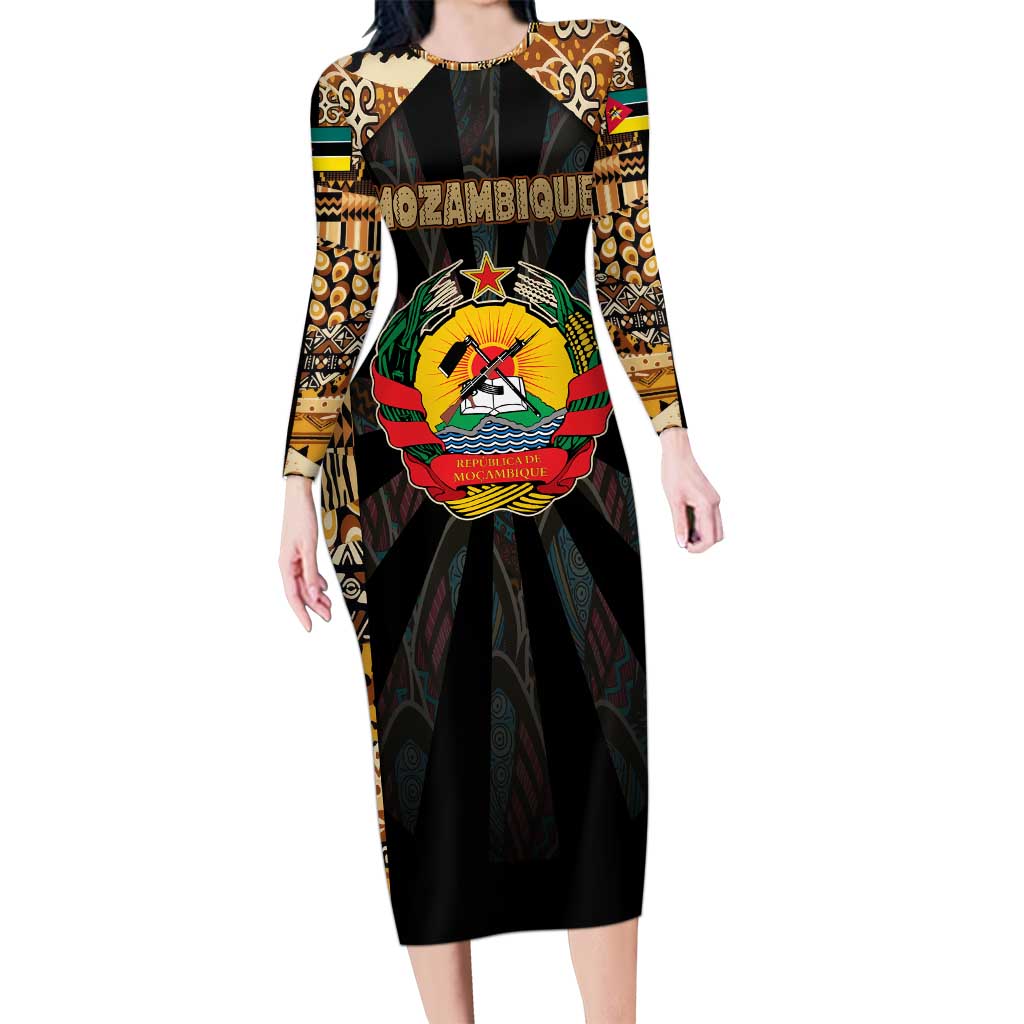 Mozambique Long Sleeve Bodycon Dress with Black Brown Tribal Design and National Emblem - Wonder Print Shop